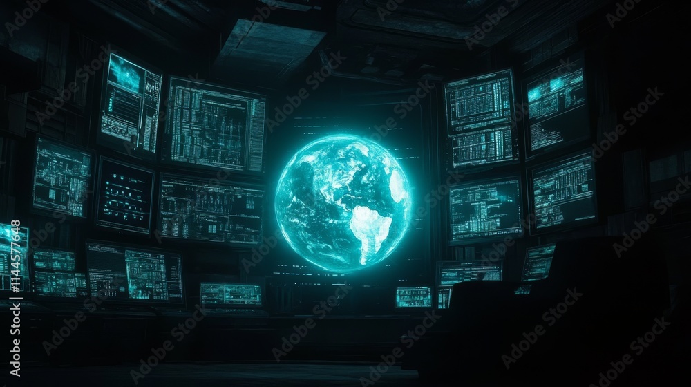 Centralized cyber command room with a digital holographic globe surrounded by high-resolution data screens. Perfect for global analytics and cybersecurity visuals.. AI Generation Centralized cyber command room with a digital holographic globe surrounded by high-resolution data screens. Perfect for global analytics and cybersecurity visuals.. AI Generation