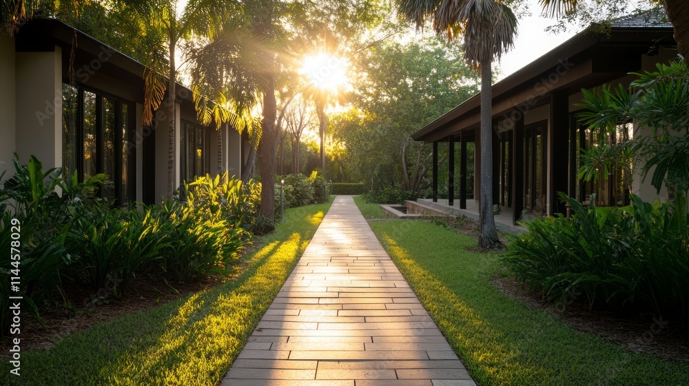 Obraz premium Tranquil Pathway in a Lush Garden with Morning Sunlight Streaming Through Trees and Flowers, Inviting Serene Ambiance and Natural Beauty