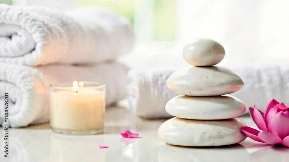 Spa accessories installed in a day spa hotel, health and beauty center. Spa products - towels, candles, aroma oils are placed in a luxury spa salon ready for massage, spa treatments Spa accessories installed in a day spa hotel, health and beauty center. Spa products - towels, candles, aroma oils are placed in a luxury spa salon ready for massage, spa treatments