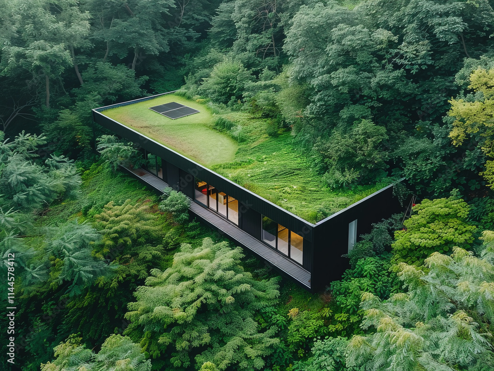 Fototapeta premium A drone shot capturing the lush greenery of a house’s roof blending seamlessly into a forested landscape with eco dark sand roads