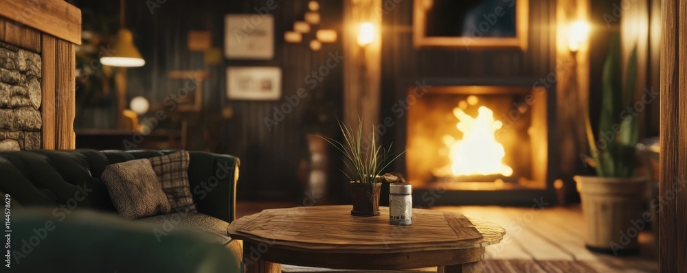 Cozy and Inviting Rustic Fireplace Lit Interior with Warm Wooden Textures and Decor Cozy and Inviting Rustic Fireplace Lit Interior with Warm Wooden Textures and Decor