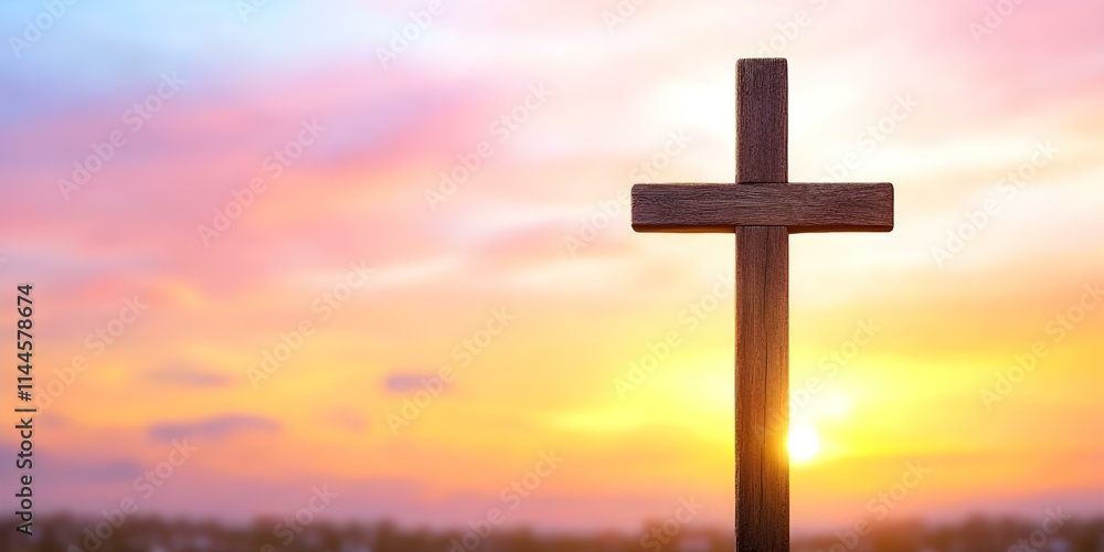 A wooden cross silhouetted against a colorful sunset sky, symbolizing faith and spirituality. Concept Wooden Cross Silhouette, Colorful Sunset Sky, Symbol of Faith, Spirituality and Reflection A wooden cross silhouetted against a colorful sunset sky, symbolizing faith and spirituality. Concept Wooden Cross Silhouette, Colorful Sunset Sky, Symbol of Faith, Spirituality and Reflection