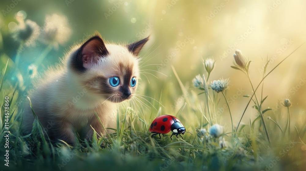 Kitten in a flower field. Selective focus. Kitten in a flower field. Selective focus.