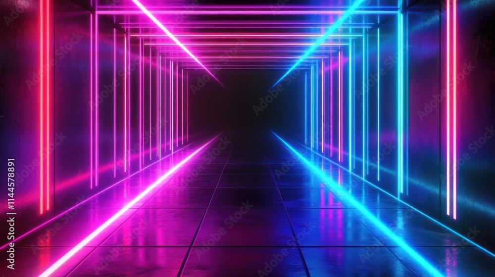A neon-lit corridor with vibrant pink and blue lights creating a futuristic ambiance. A neon-lit corridor with vibrant pink and blue lights creating a futuristic ambiance.