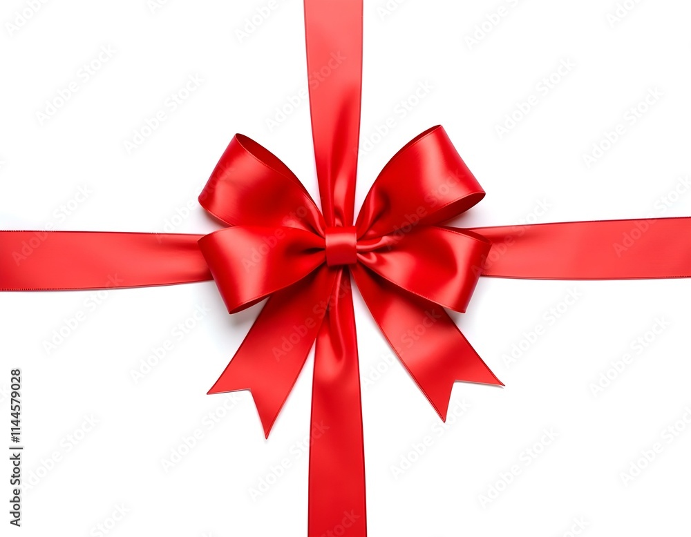 Red satin ribbon with bow isolated on white, top view Red satin ribbon with bow isolated on white, top view