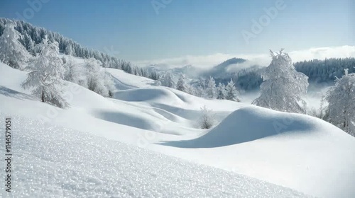 Obraz na płótnie A snowy landscape with deep snow covering the ground, creating smooth, untouched drifts w salonie