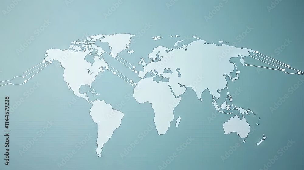 Naklejka premium Futuristic light blue background with a digital world map and glowing network lines connecting continents, symbolizing global business