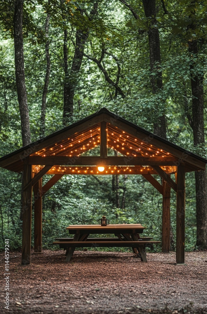 Rustic wooden shelter with a hanging light illuminating a picnic table in a tranquil forest during daylight Rustic wooden shelter with a hanging light illuminating a picnic table in a tranquil forest during daylight