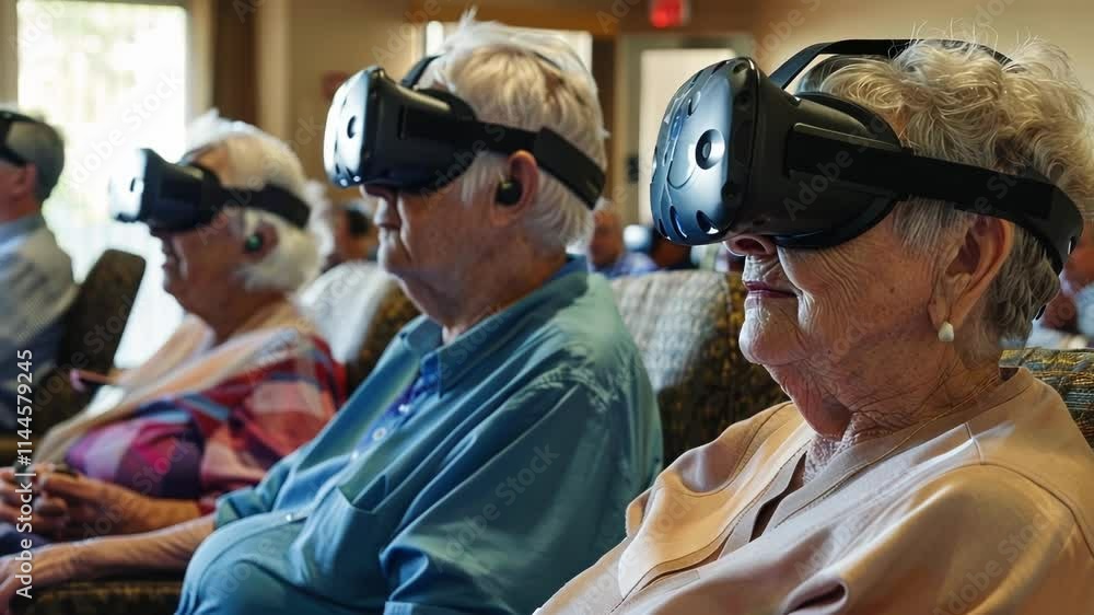 Senior citizens wearing virtual reality headsets, exploring immersive digital environments and embracing technological advancements in their lives Senior citizens wearing virtual reality headsets, exploring immersive digital environments and embracing technological advancements in their lives