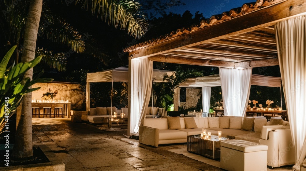 Elegant outdoor lounge area at night with soft lighting. Elegant outdoor lounge area at night with soft lighting.