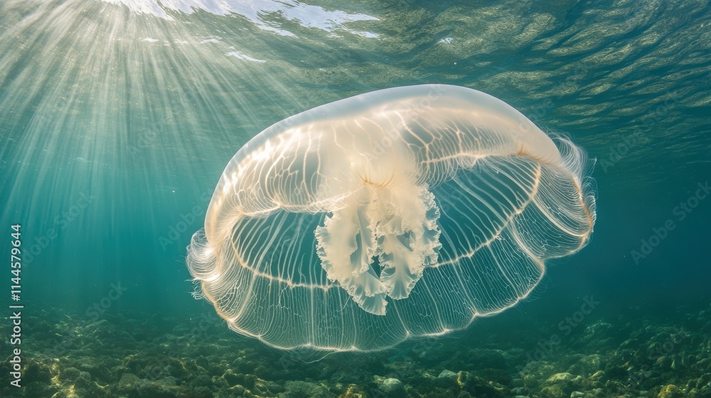 Fototapeta premium Underwater photography of translucent moon jellyfish in azure marine environments