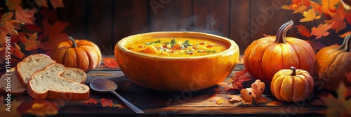 Warm autumn soup served in a rustic wooden bowl with fresh bread slices and d...