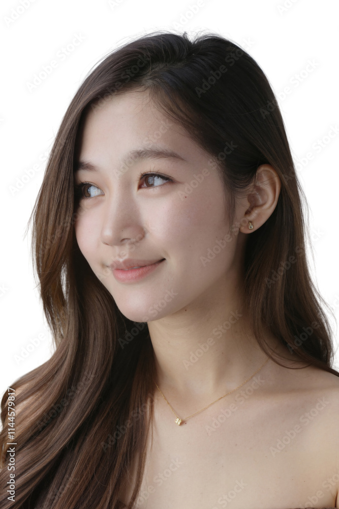 A photograph of a young Asian woman with long dark hair, wearing a gold necklace, against a plain white background. A photograph of a young Asian woman with long dark hair, wearing a gold necklace, against a plain white background.