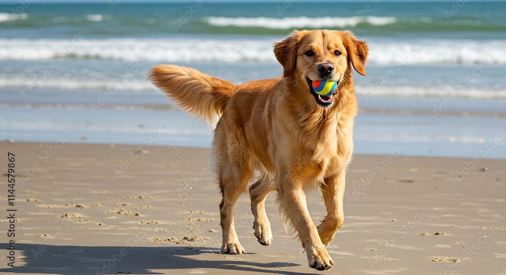 A golden retriever running along the beach with a colorful ball in its mouth. A golden retriever running along the beach with a colorful ball in its mouth.
