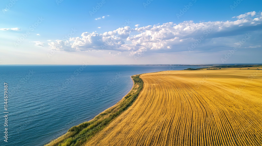 Aerial view of golden wheat fields meeting the blue ocean Aerial view of golden wheat fields meeting the blue ocean