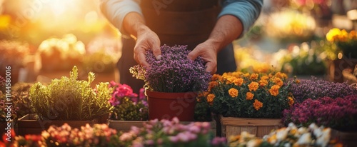 Hands of a gardener arranging vibrant flowers in a sunlit market during the g...