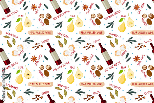 Seamless mulled pattern. Background with Pear Mulled Wine ingredient. Warming drink for winter and autumn. Hot wine drink with Red Wine, spices and pear illustration for wallpaper, textile, print