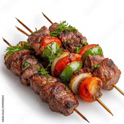 Grilled beef and vegetable skewers ready for serving at a summer barbecue gat...
