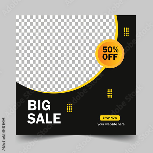 Editable minimal square banner template. Black and yellow background color with stripe line shape. Suitable for social media post and web internet ads. photo