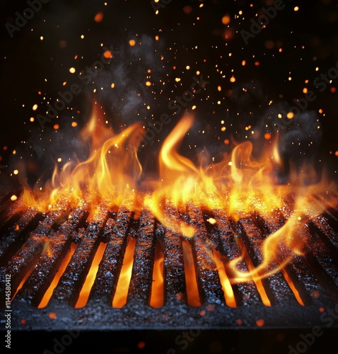 Flames dance above a grill as cooking embers ignite the evening air during a ...