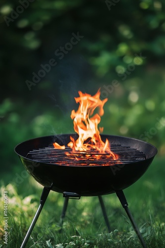 Outdoor grill with vibrant flames in a backyard setting during a sunny day