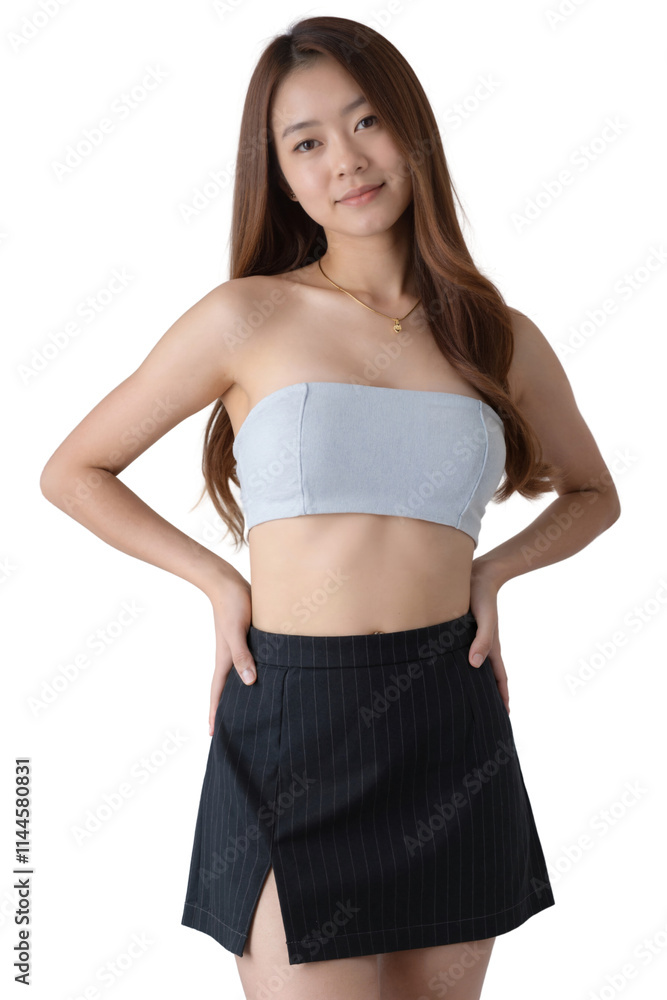 A young Asian woman with long hair, wearing a white bandeau top and pinstriped skirt, poses confidently against a white background. A young Asian woman with long hair, wearing a white bandeau top and pinstriped skirt, poses confidently against a white background.