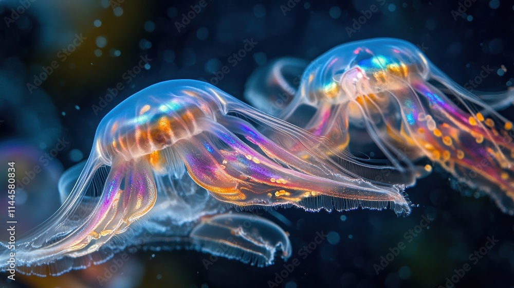Naklejka premium Gigapixel detail of rainbow comb jellies underwater bioluminescence close-up