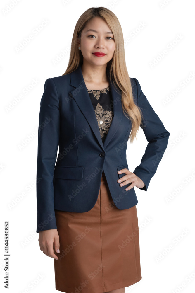 A photograph of an Asian woman in a blue blazer, black lace top, and brown skirt, standing confidently. on white background A photograph of an Asian woman in a blue blazer, black lace top, and brown skirt, standing confidently. on white background