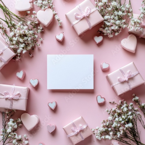 Delicate pink gifts and flowers arranged on a soft blue background create a c...