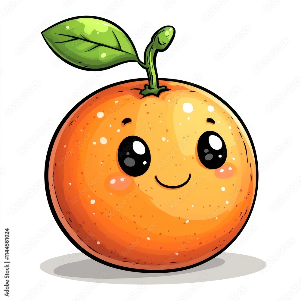 Obraz premium Cute cartoon orange with a smiling face and leaf.