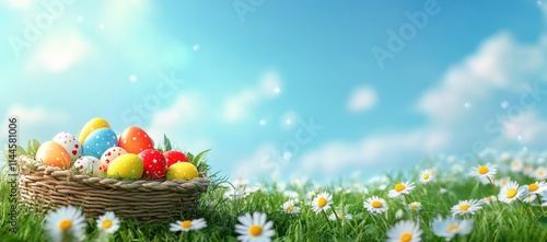 Colorful Easter eggs in a woven basket on a sunny day surrounded by blooming ...