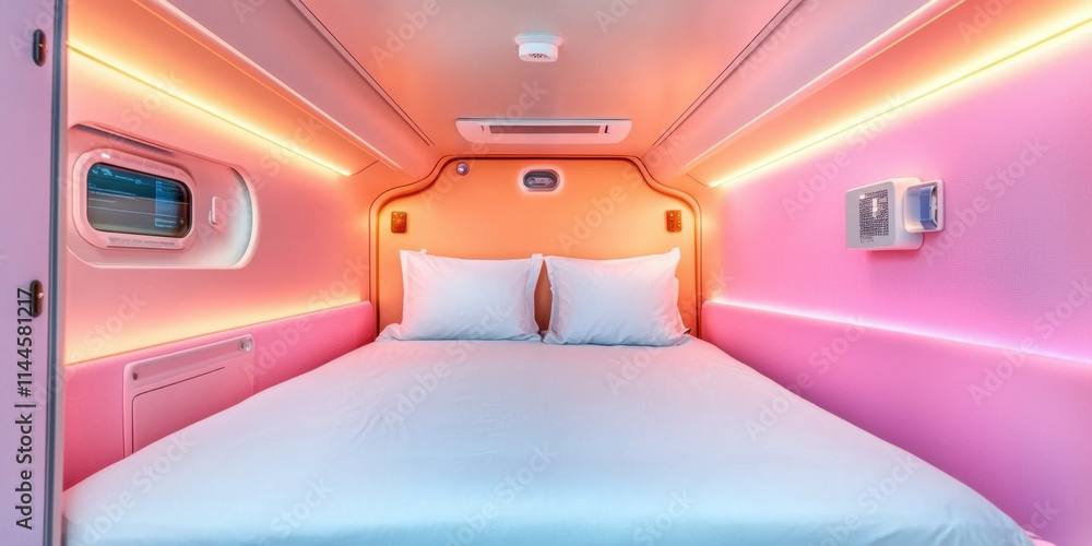 high tech pod in space themed hotel featuring vibrant lighting and cozy bed, perfect for modern travelers seeking unique experiences high tech pod in space themed hotel featuring vibrant lighting and cozy bed, perfect for modern travelers seeking unique experiences