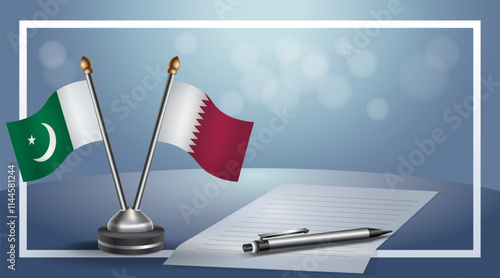 Pakistan and Qatar National flags on small table with bokeh background, cooperative relationship