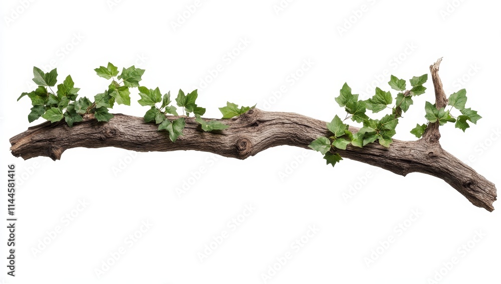 Fototapeta premium A branch of an old tree with green leaves isolated on a white background