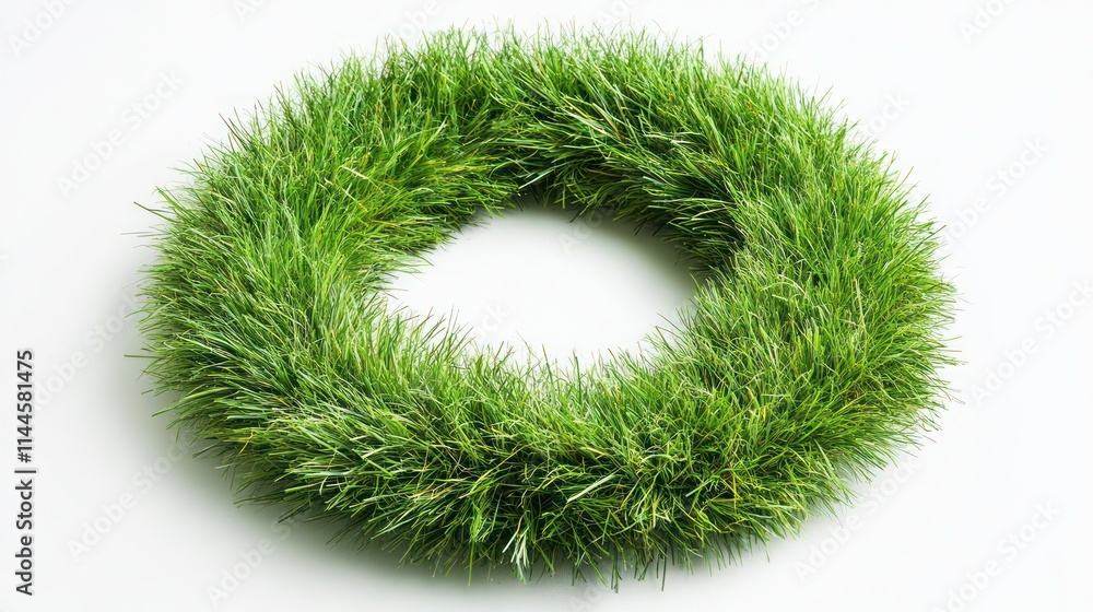 Close up view of circle shaped artificial green grass wreath on white background, Ai generated image Close up view of circle shaped artificial green grass wreath on white background, Ai generated image