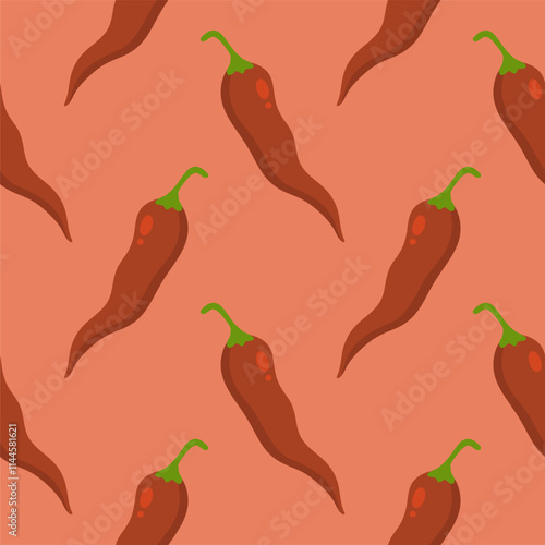 Chilli seamless pattern on color background. Red hot chili peppers natural organic food