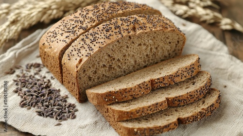 Slicing rye bread with caraway seeds on a rustic wooden table for culinary photography