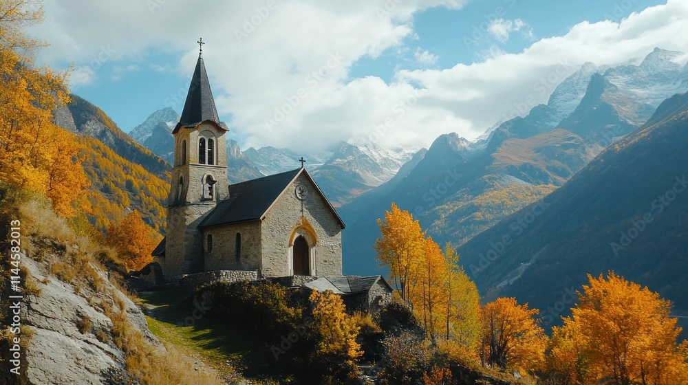 A picturesque church nestled in autumn foliage with mountains in the background. A picturesque church nestled in autumn foliage with mountains in the background.