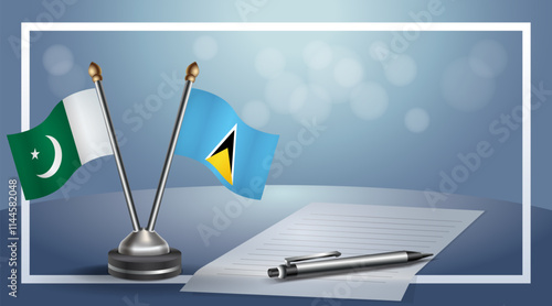 Pakistan and ST. Lucia National flags on small table with bokeh background, cooperative relationship