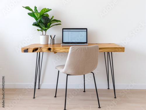 A small home office showcasing a desk made from repurposed wood, paired with a vintage chair and a desk plant for a refreshing look