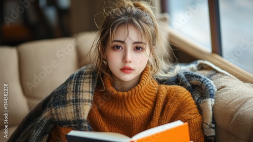 Young woman reading a book by a window in cozy setting.