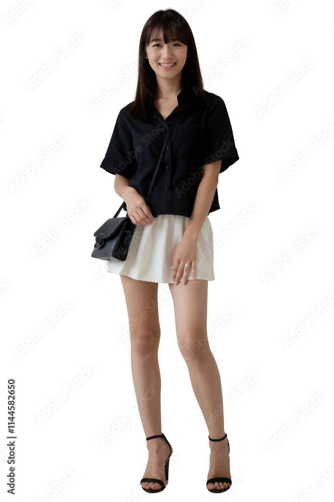 Asian woman in black blouse, white skirt, holding black bag, standing against white background. Asian woman in black blouse, white skirt, holding black bag, standing against white background.