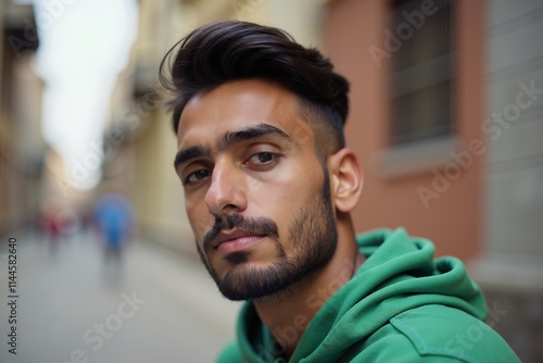 Urban Portrait of a Young Man in Green Hoodie, Capturing Style and Confidence, Perfect for Street Fashion and Urban Marketing.