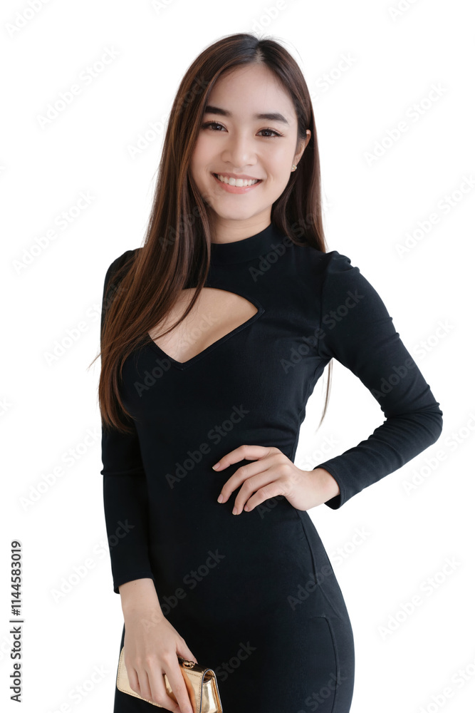 Asian woman with long brown hair, wearing a black dress, holding a gold clutch, smiling. White background. Asian woman with long brown hair, wearing a black dress, holding a gold clutch, smiling. White background.