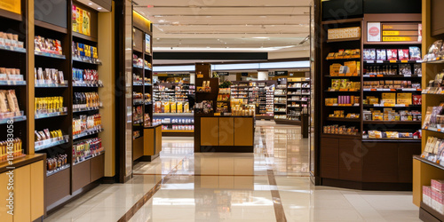 modern airport duty free shop featuring wide range of products, including snacks, beverages, and cosmetics, creating vibrant shopping atmosphere