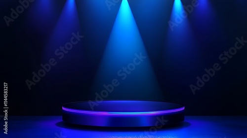 Glowing podium brightly lit with a blue neon spotlight 3D render futuristic style.. AI Generated