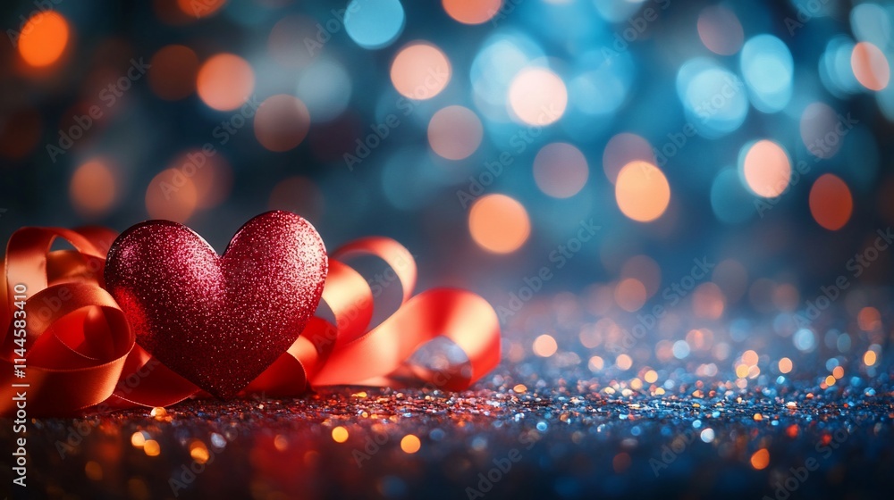 Red heart with ribbon on glitter background. Red heart with ribbon on glitter background.