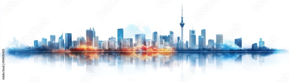 Fototapeta premium Modern city skyline with reflections at dawn.