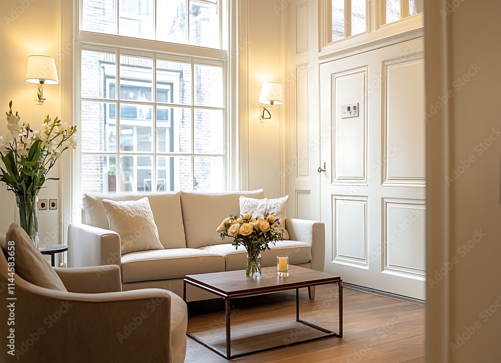 A modern living room in a Dutch apartment, featuring a sofa, an armchair, and a coffee table near the entrance door on a wooden floor A modern living room in a Dutch apartment, featuring a sofa, an armchair, and a coffee table near the entrance door on a wooden floor
