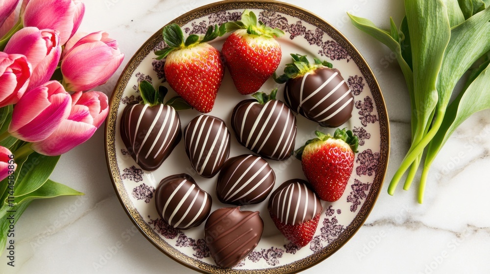A plate of chocolate-covered strawberries with tulips, perfect for a sweet celebration. A plate of chocolate-covered strawberries with tulips, perfect for a sweet celebration.